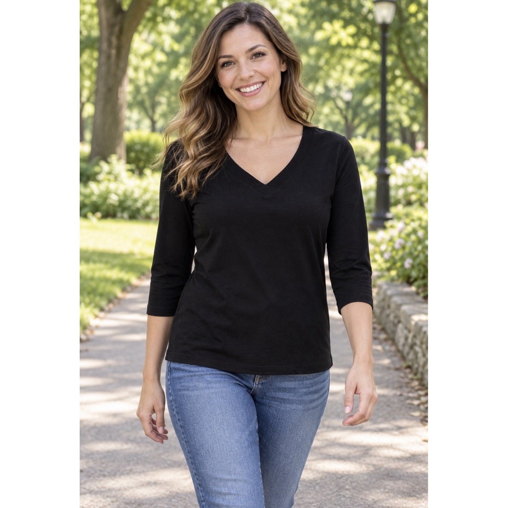 The Talbots Tee Women M Black Pima Cotton Short Sleeve Basic Top Shirt size S